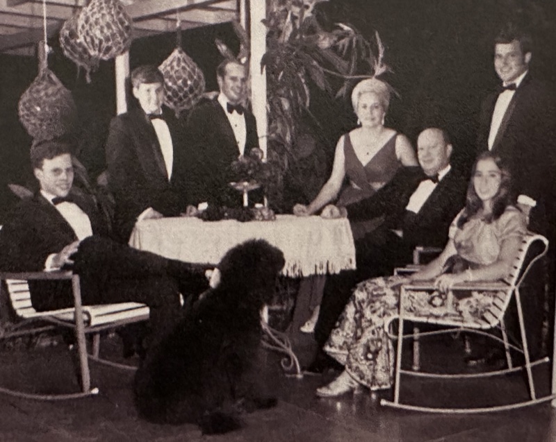 The Baldwin family formal portrait in Balboa Heights, Panama Canal Zone — Frank and Laura Baldwin with their five children and pet poodle, circa 1960s