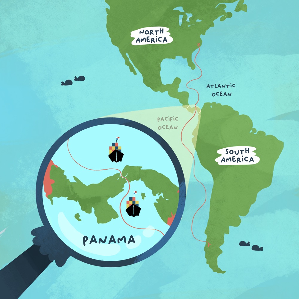 Beautifully illustrated map of Panama showing the Canal Zone, Atlantic Ocean, Pacific Ocean, and ships passing through the Panama Canal